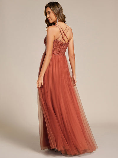 Chic Lace Sheer Back and Cross Straps V-Neck Sleeveless Bridesmaid Dress #color_Burnt Orange
