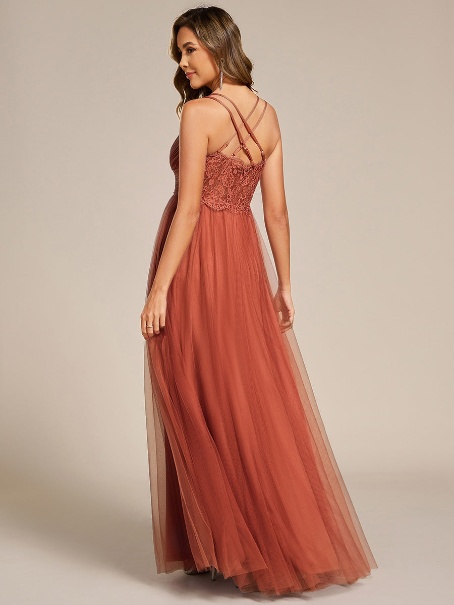Chic Lace Sheer Back and Cross Straps V-Neck Sleeveless Bridesmaid Dress #color_Burnt Orange