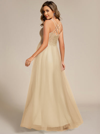Chic Lace Sheer Back and Cross Straps V-Neck Sleeveless Bridesmaid Dress #color_Champagne
