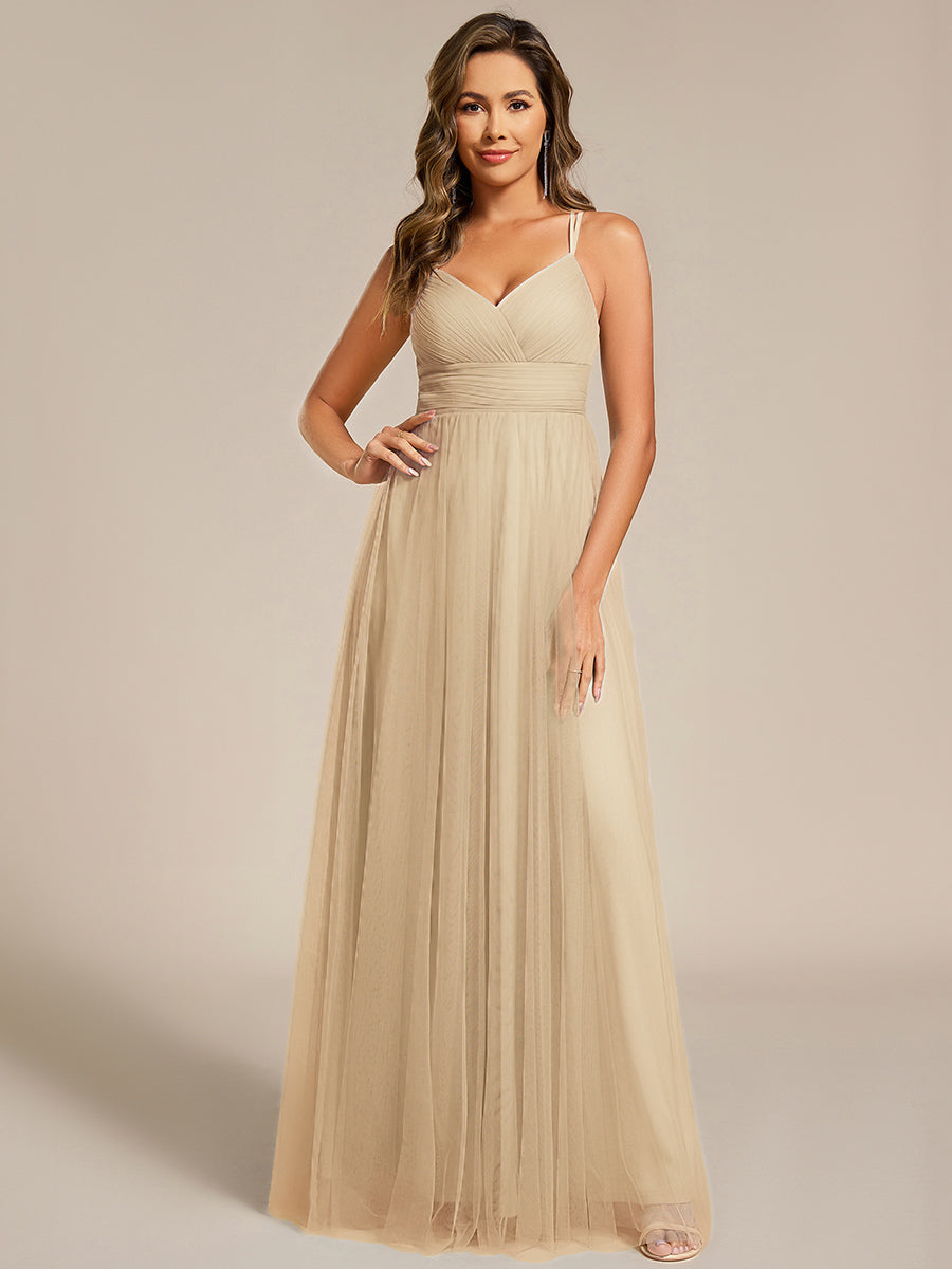 Chic Lace Sheer Back and Cross Straps V-Neck Sleeveless Bridesmaid Dress #color_Champagne