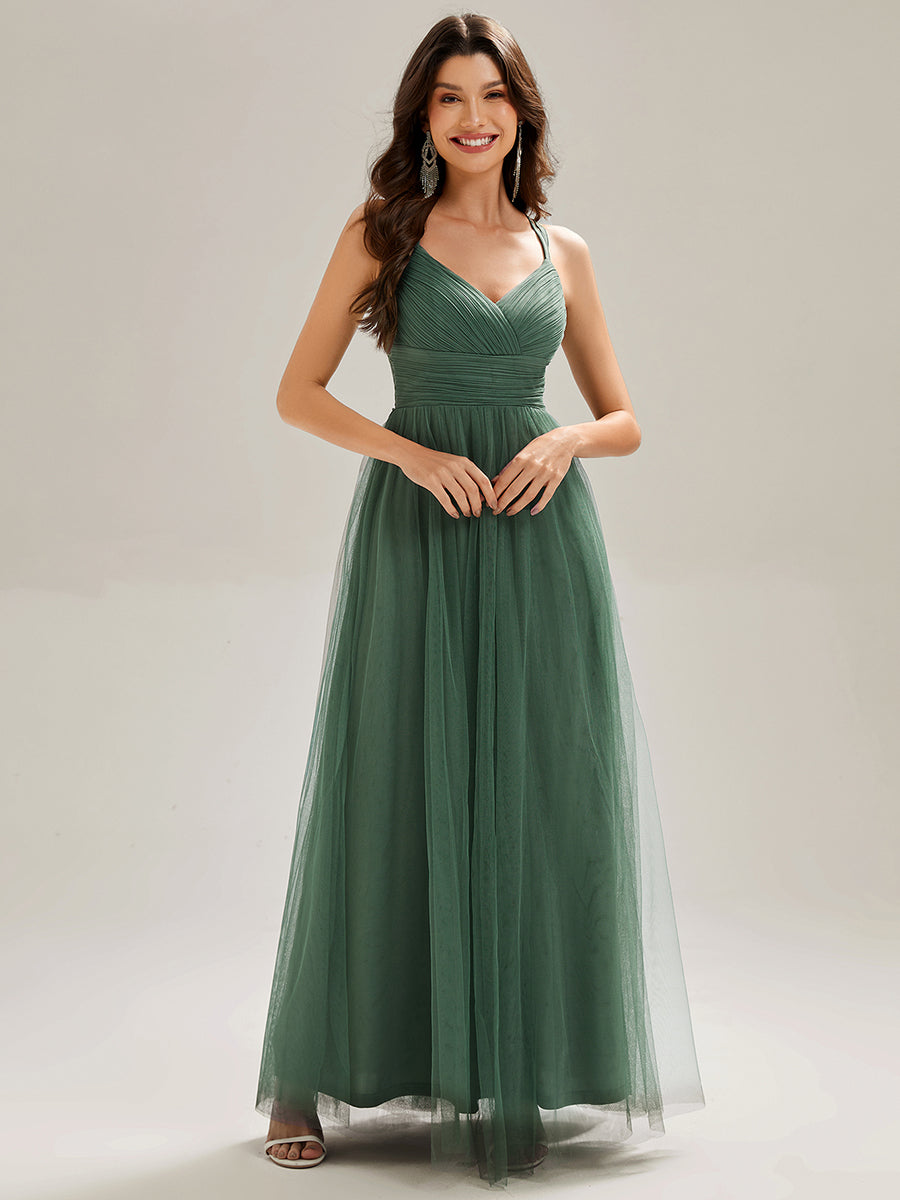 Chic Lace Sheer Back and Cross Straps V-Neck Sleeveless Bridesmaid Dress #color_Eucalyptus