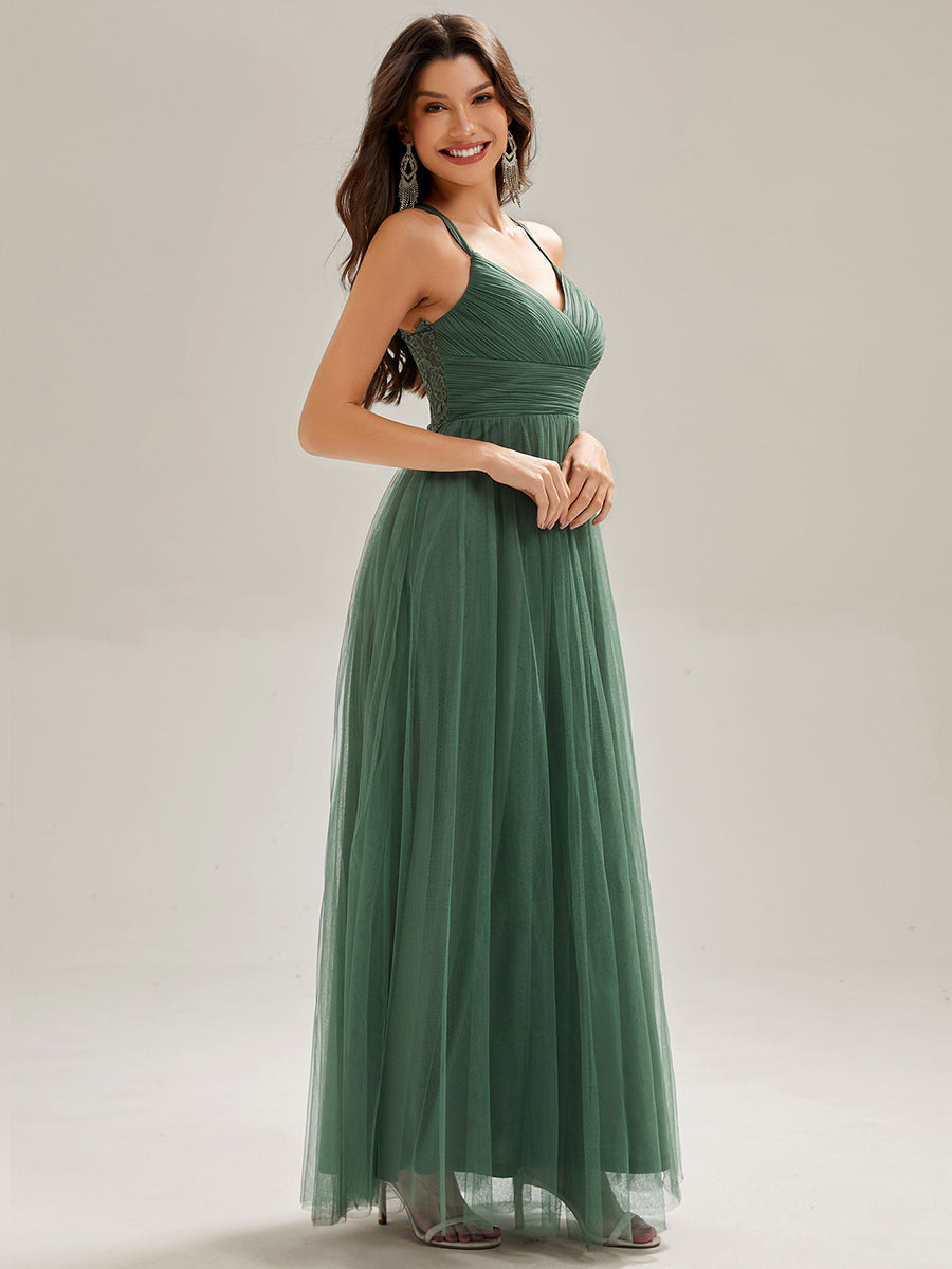 Chic Lace Sheer Back and Cross Straps V-Neck Sleeveless Bridesmaid Dress #color_Eucalyptus