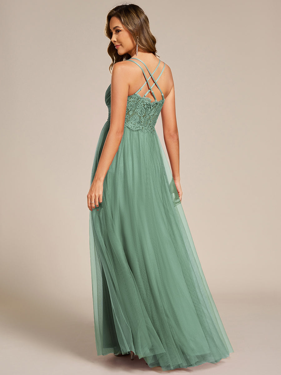Chic Lace Sheer Back and Cross Straps V-Neck Sleeveless Bridesmaid Dress #color_Green Bean