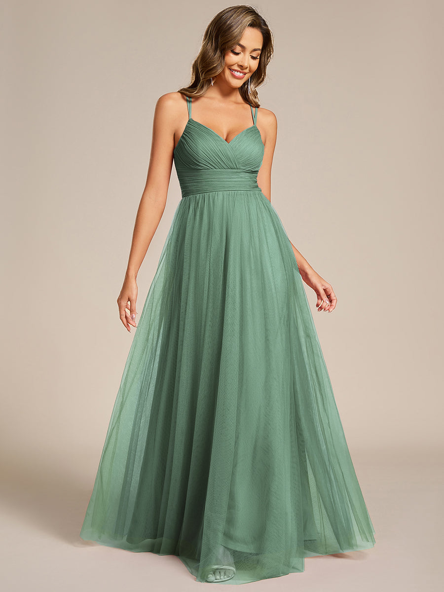 Chic Lace Sheer Back and Cross Straps V-Neck Sleeveless Bridesmaid Dress #color_Green Bean