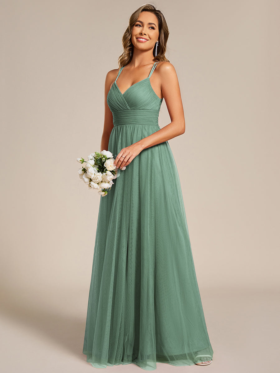 Chic Lace Sheer Back and Cross Straps V-Neck Sleeveless Bridesmaid Dress #color_Green Bean