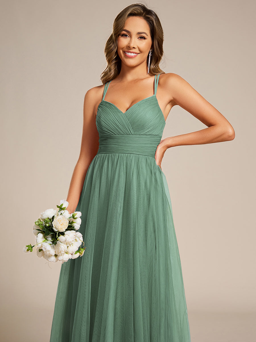 Chic Lace Sheer Back and Cross Straps V-Neck Sleeveless Bridesmaid Dress #color_Green Bean