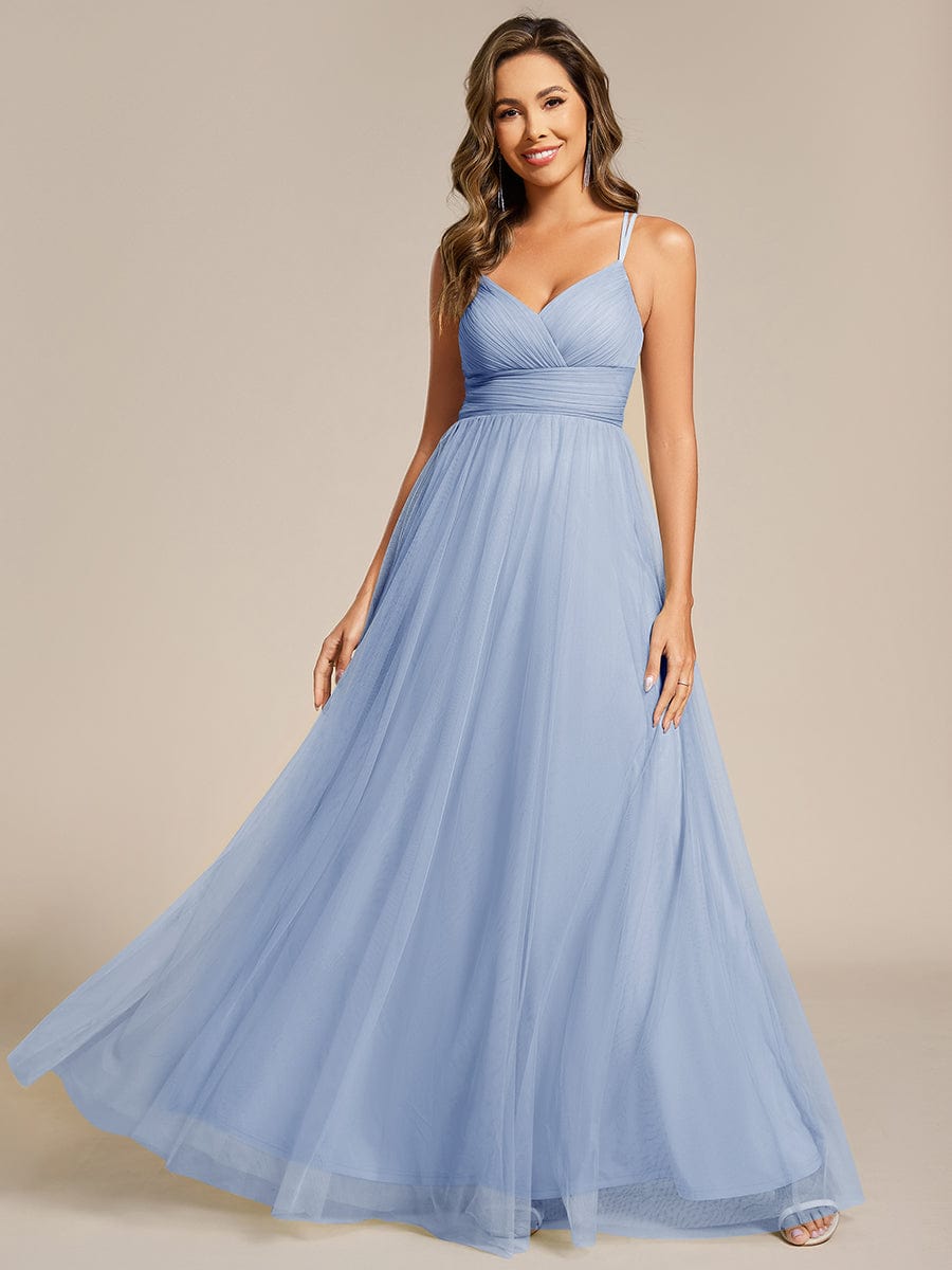 Chic Lace Sheer Back and Cross Straps V-Neck Sleeveless Bridesmaid Dress #color_Ice Blue