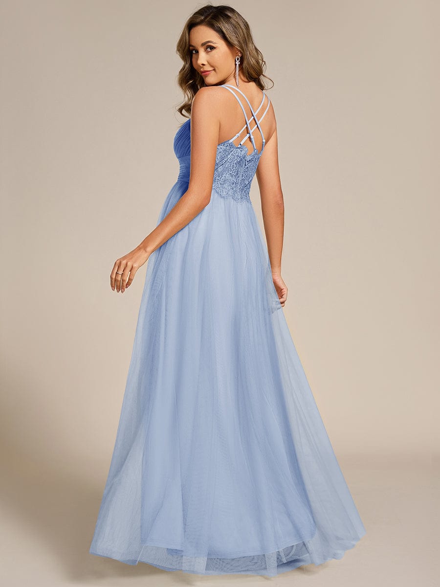 Chic Lace Sheer Back and Cross Straps V-Neck Sleeveless Bridesmaid Dress #color_Ice Blue