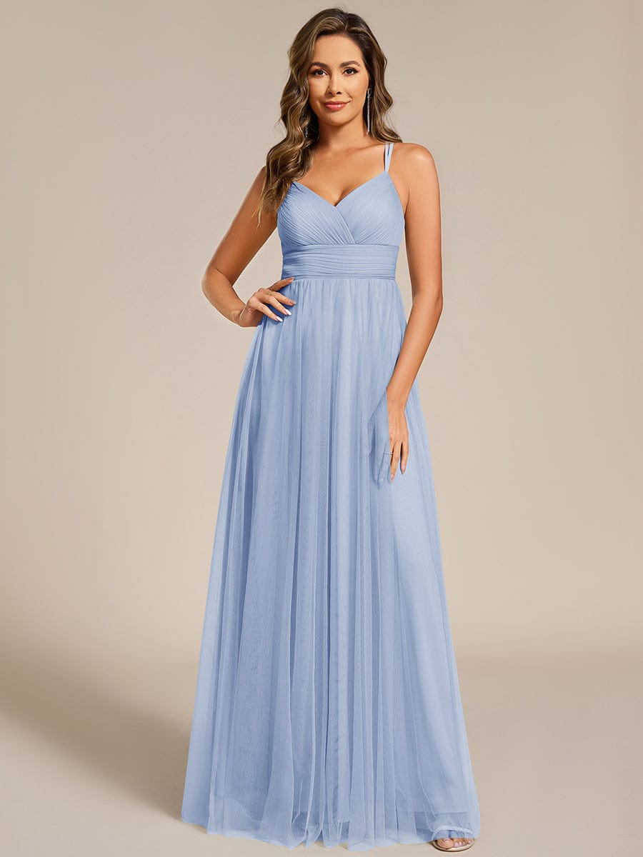 Chic Lace Sheer Back and Cross Straps V-Neck Sleeveless Bridesmaid Dress #color_Ice Blue