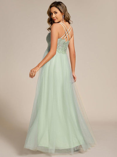 Chic Lace Sheer Back and Cross Straps V-Neck Sleeveless Bridesmaid Dress #color_Mint Green