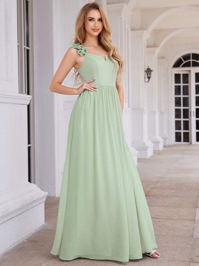 Beaded Strap Chiffon Bridesmaid Dress with V-neck Emerald