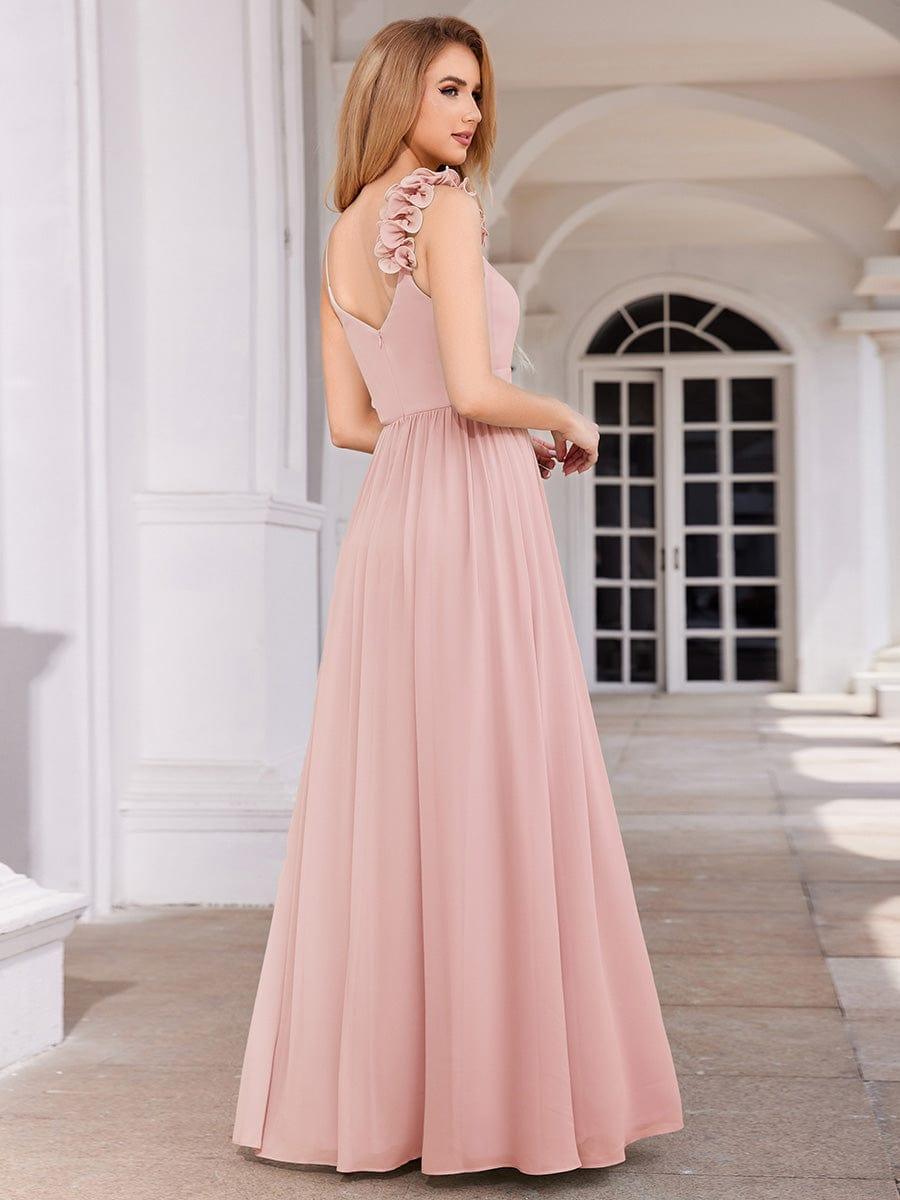 Floral Strap V-Neck Chiffon Bridesmaid Dress with A-Line Silhouette #color_Pink