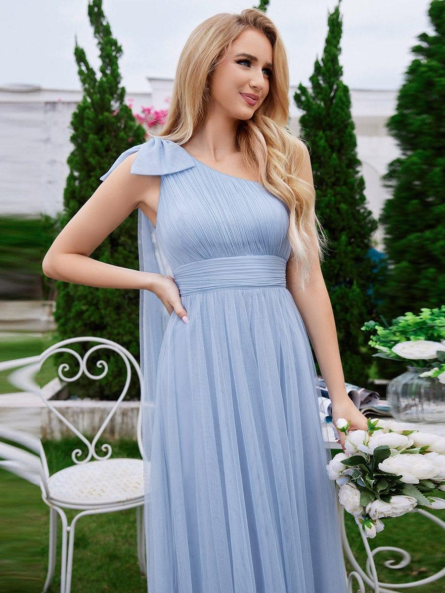 bobbin net one shoulder flange bridesmaid dress Empire Waist Tulle Bowknot A-Line perfectly complementing the sophisticated