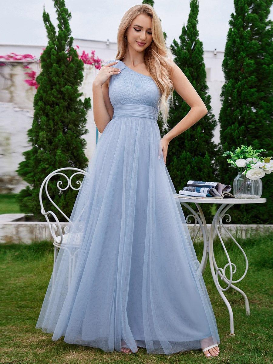 a line tulle bridesmaid dress Empire Waist One Shoulder Bowknot A-Line Tulle A-line Off-the-Shoulder Lace mclick31225 DM:17 Zipper Side Neckline