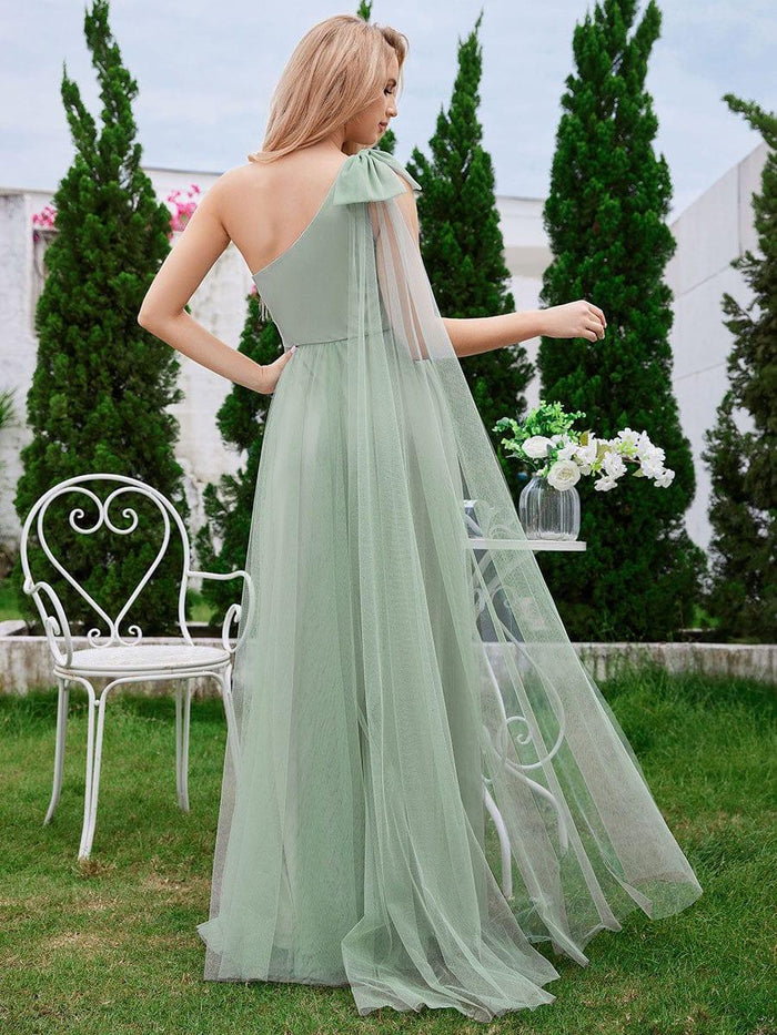 Empire Sleeveless Bridesmaid Gown with Bowknot Lime Green Plus Size