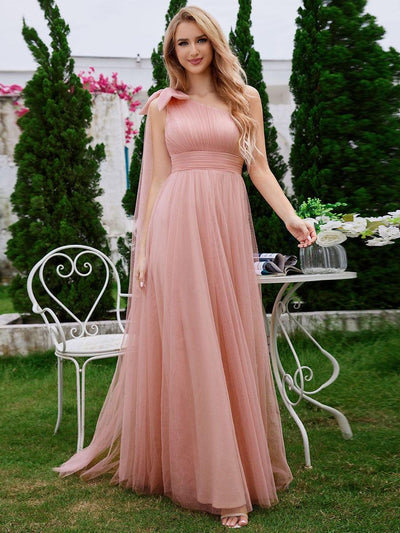 Romantic One Shoulder Bowknot Streamer Tulle A-Line Bridesmaid Dress #color_Pink