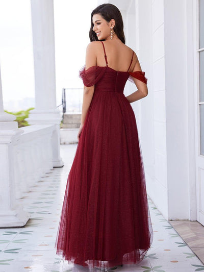 Spaghetti Strap Backless Sweetheart A-Line Tulle Bridesmaid Dress #color_Burgundy