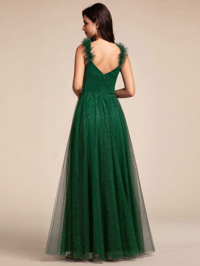 Embellished Shoulders Pleated Tulle Glitter Bridesmaid Dress #color_Dark Green