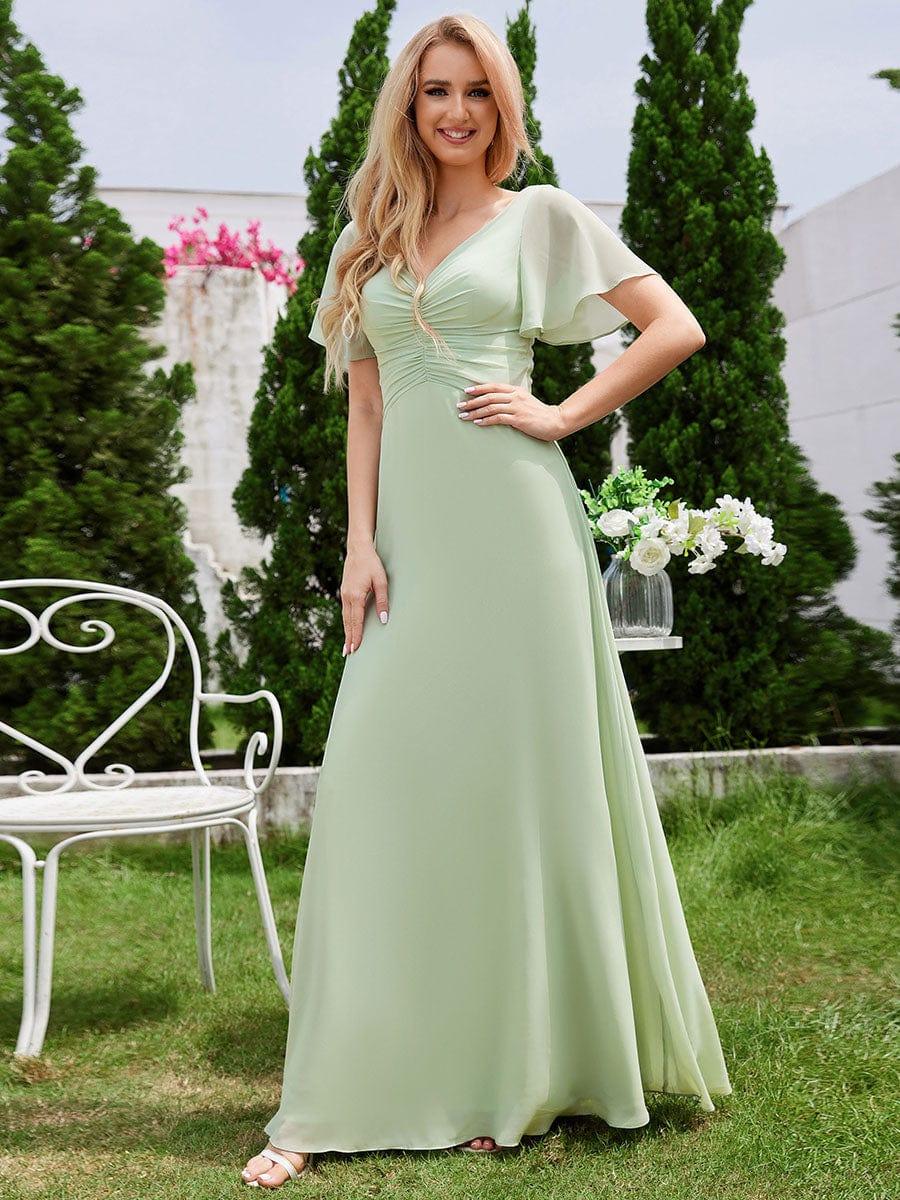 Ever Pretty Ruffled Sleeves Pleated A Line Chiffon Bridesmaid Dress with V Neck