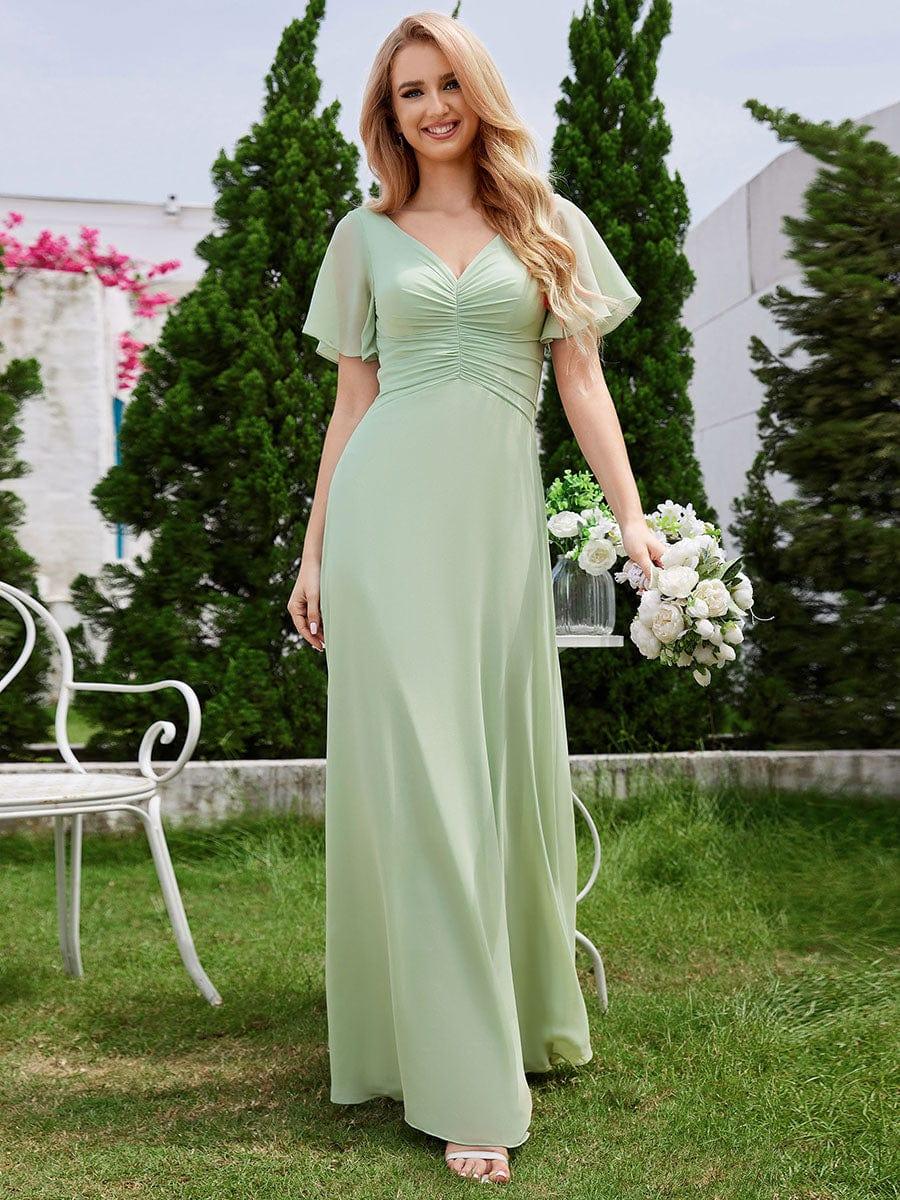 green apple color bridesmaid dresses Ruffled Sleeves Pleated A-Line Chiffon Dress with V-Neck eucalyptus green bridesmaid dresses