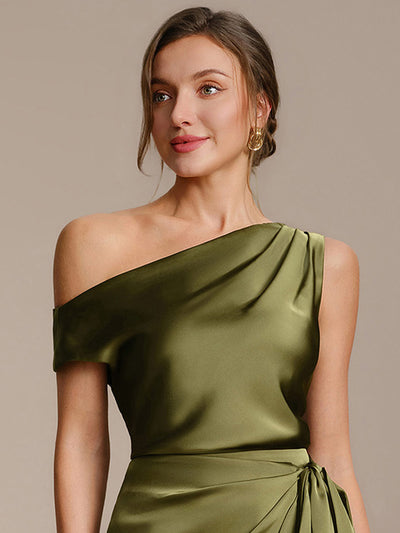 Satin Off-the-shoulder Sleeve Off The Shoulder Tops #color_Olive Green