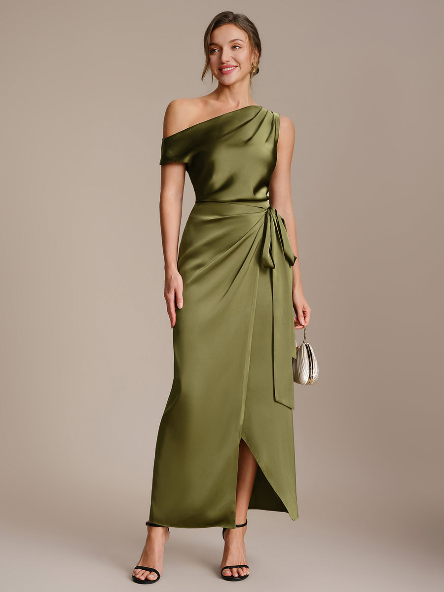 Satin Off-the-shoulder Sleeve Off The Shoulder Tops #color_Olive Green
