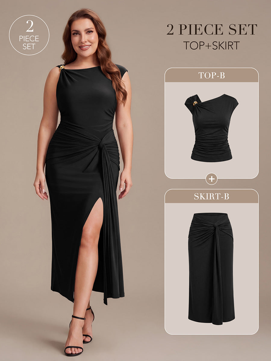 Knit Cap Sleeve Asymmetrical Neckline Tops #color_Black