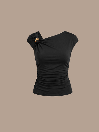 Knit Cap Sleeve Asymmetrical Neckline Tops