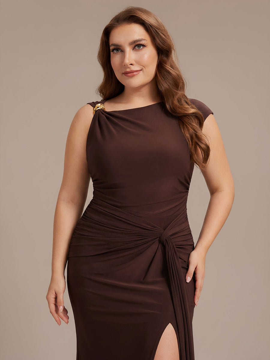 Knit Cap Sleeve Asymmetrical Neckline Tops #color_Chocolate Brown