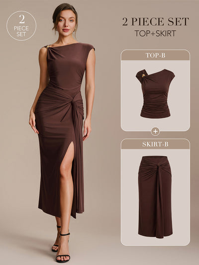Knit Cap Sleeve Asymmetrical Neckline Tops #color_Chocolate Brown