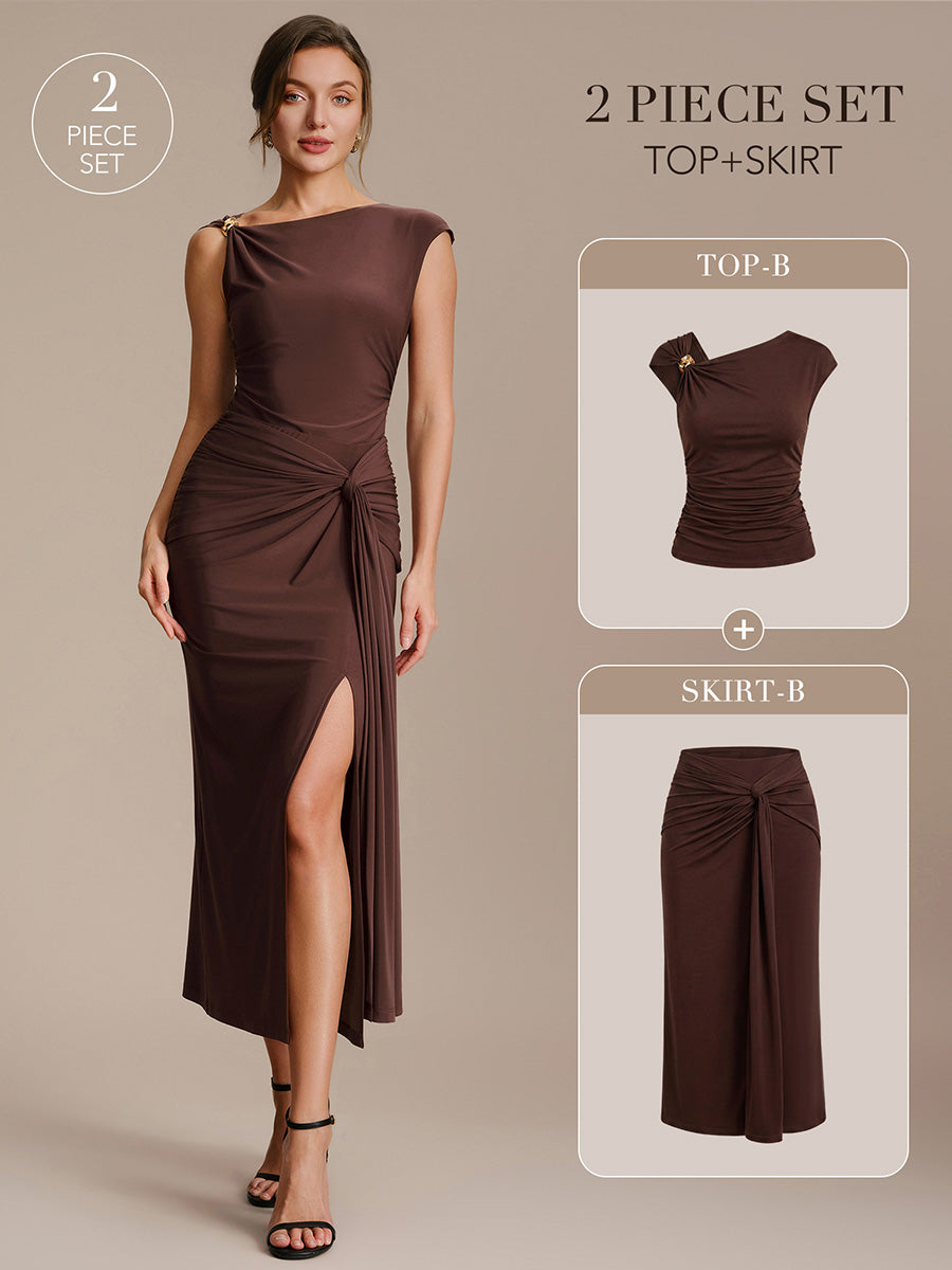 Knot Detail Knit Bodycon Skirts #color_Chocolate Brown