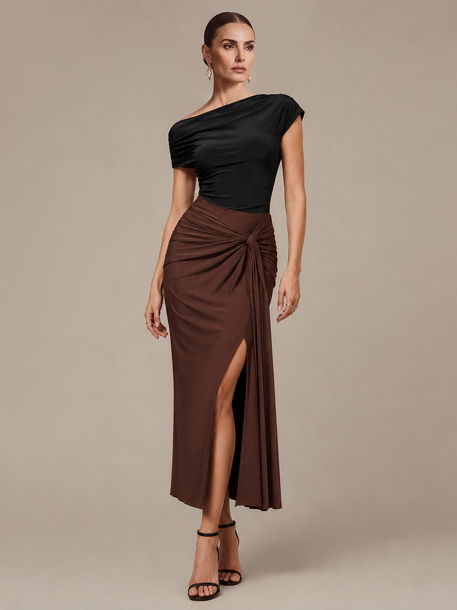 Knit Off-the-shoulder Sleeve Off The Shoulder Tops #color_Chocolate Brown
