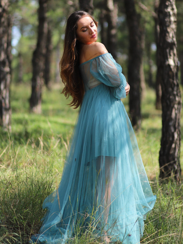 pretty CELIA|Plus Size Off-Shoulder Tulle Double Skirt Maxi Maternity Dress Fan Photos 2
