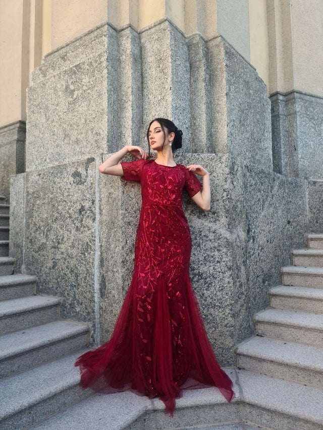 ever JADEN|Floral Sequin Maxi Fishtail Tulle Formal Evening Dress with Short Sleeve Fan Photos 2
