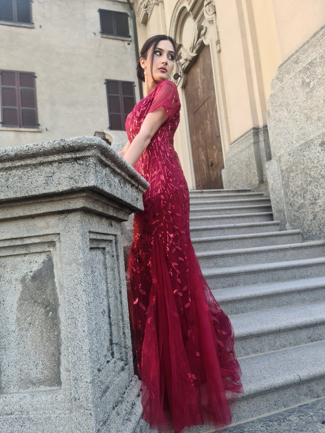 ever JADEN|Floral Sequin Maxi Fishtail Tulle Formal Evening Dress with Short Sleeve Fan Photos 3
