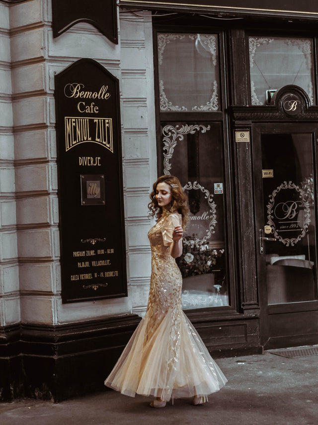 ever JADEN|Floral Sequin Maxi Fishtail Tulle Formal Evening Dress with Short Sleeve Fan Photos 1
