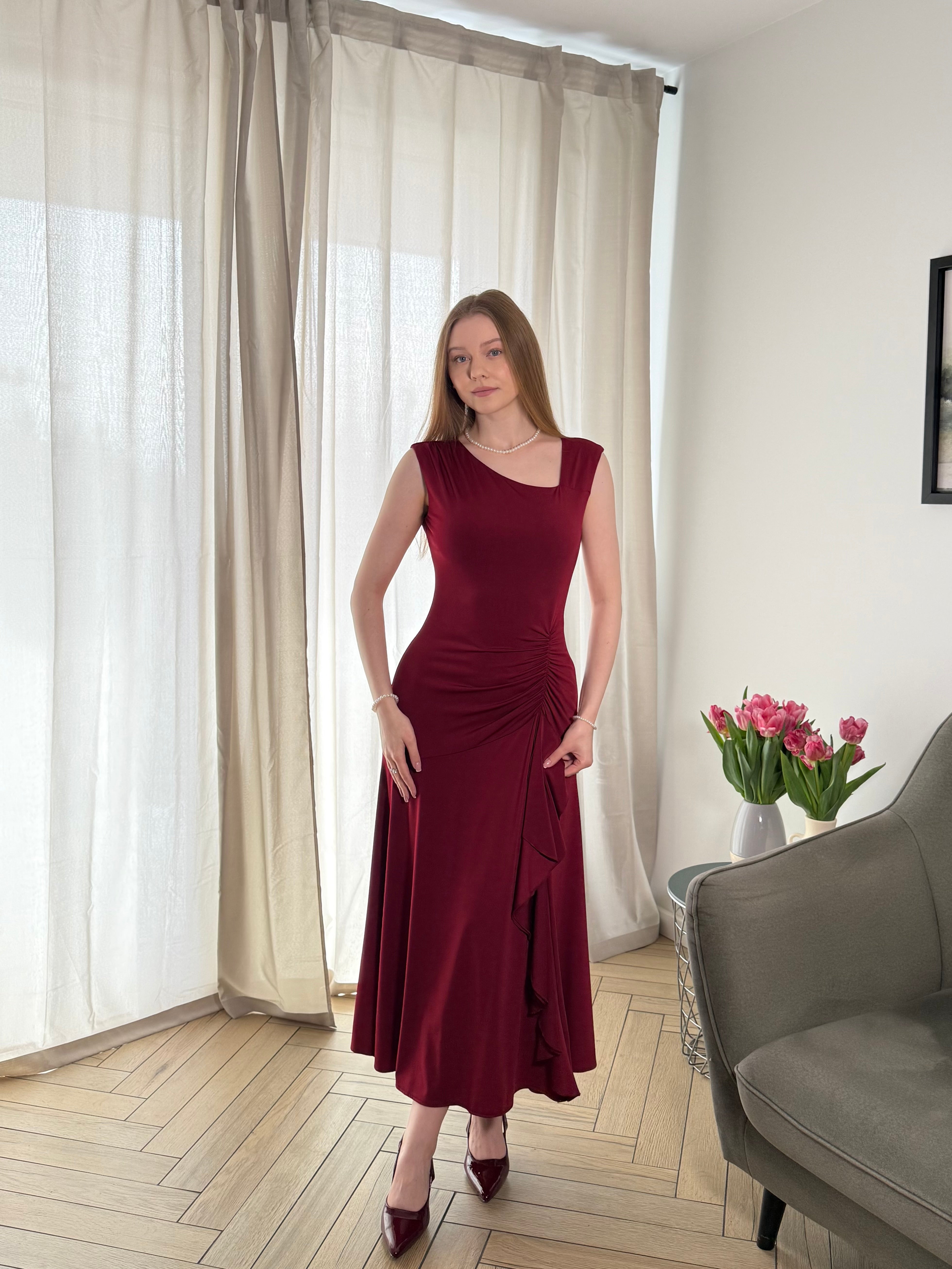 Ruffled Knit Cap Sleeve Evening Dress #color_Burgundy