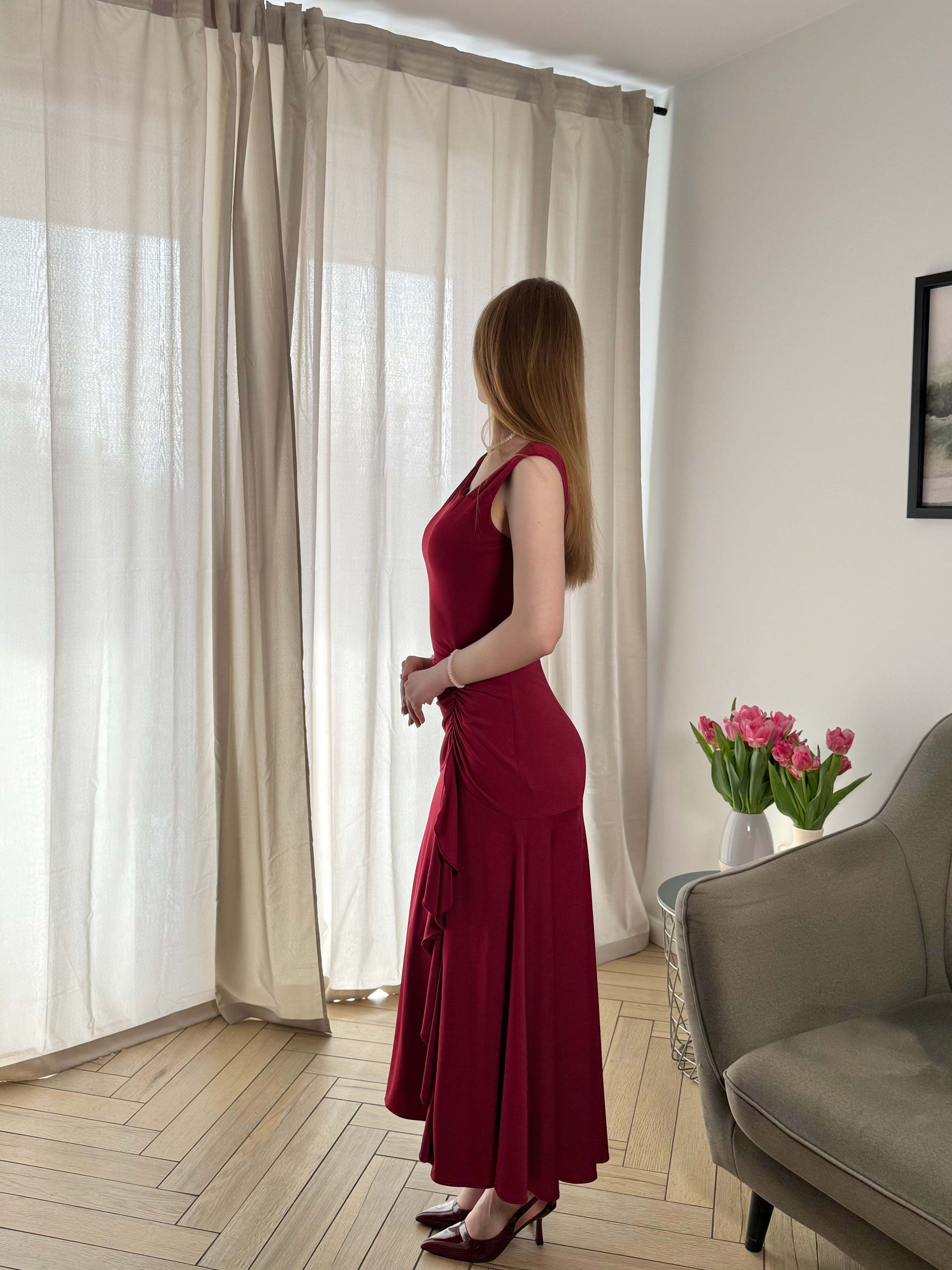 Ruffled Knit Cap Sleeve Evening Dress #color_Burgundy