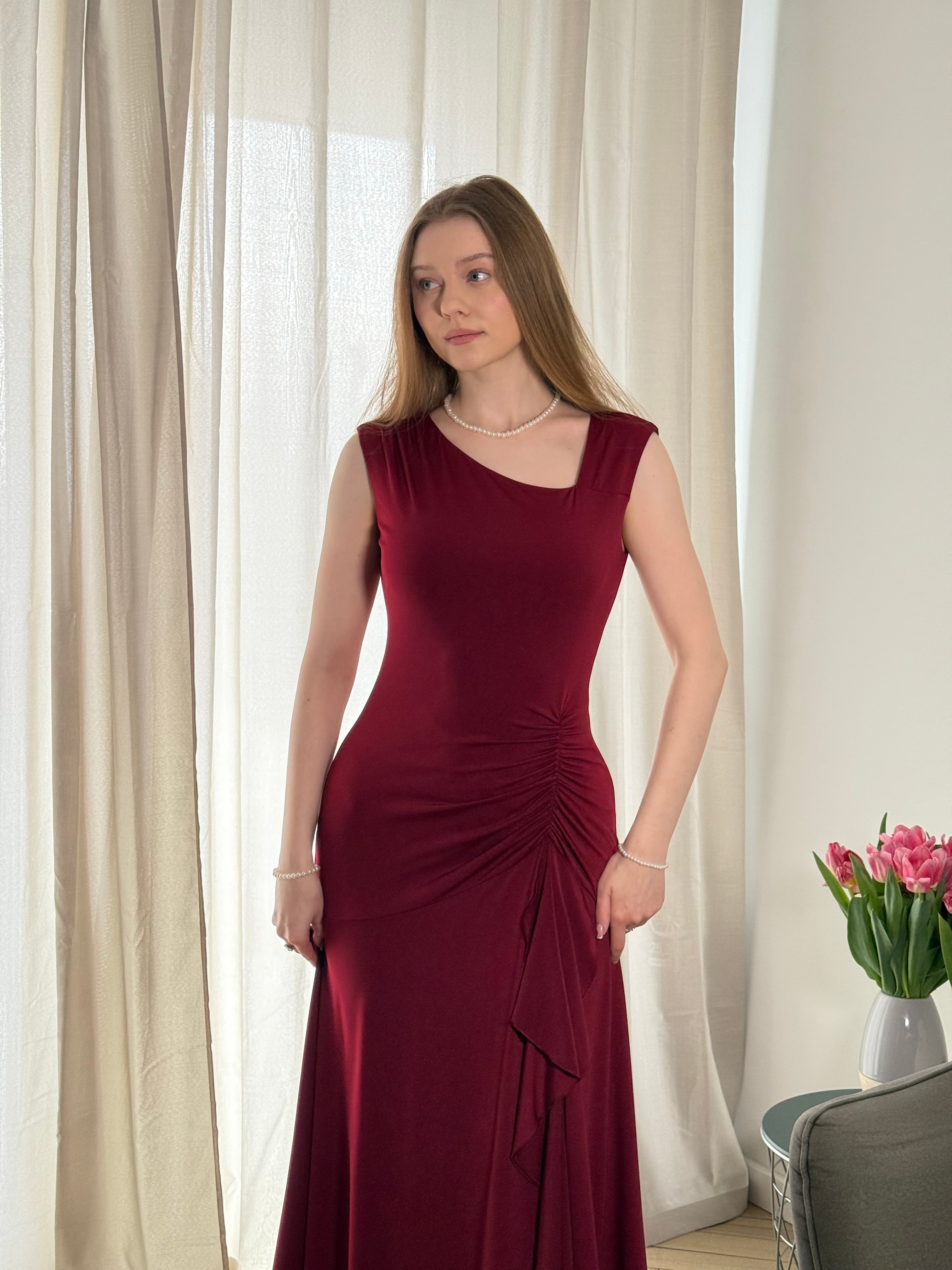 Ruffled Knit Cap Sleeve Evening Dress #color_Burgundy