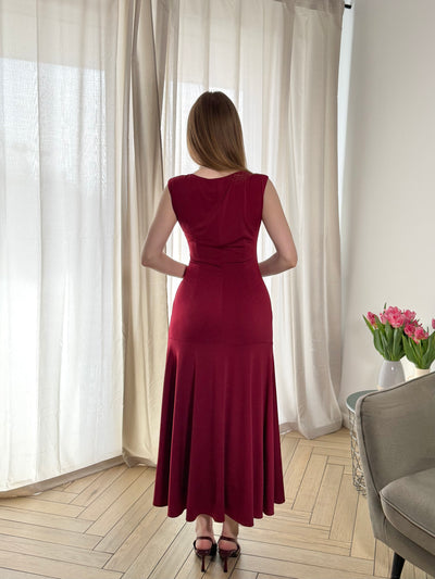Ruffled Knit Cap Sleeve Evening Dress #color_Burgundy