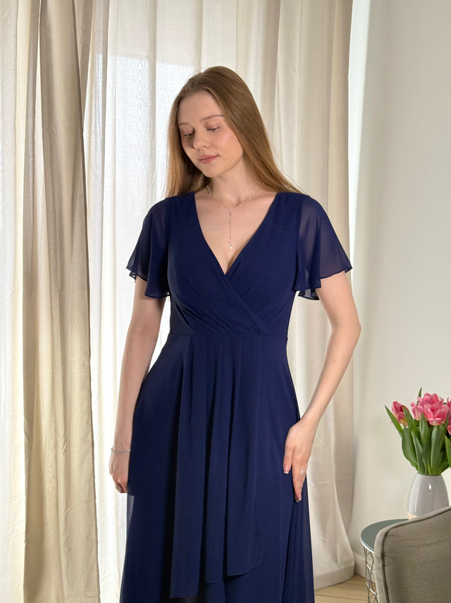 pretty LARK|Plus Size Chiffon Short Sleeves Pleated V-Neck A-Line Midi Wedding Guest Dress Fan Photos 13
