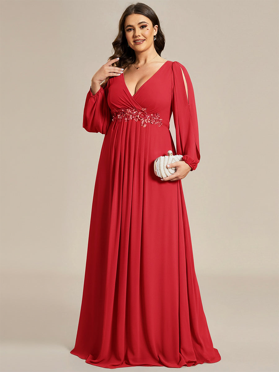 V-Neck Long Split Sleeve Empire Waist Applique Wedding Dress #color_Red