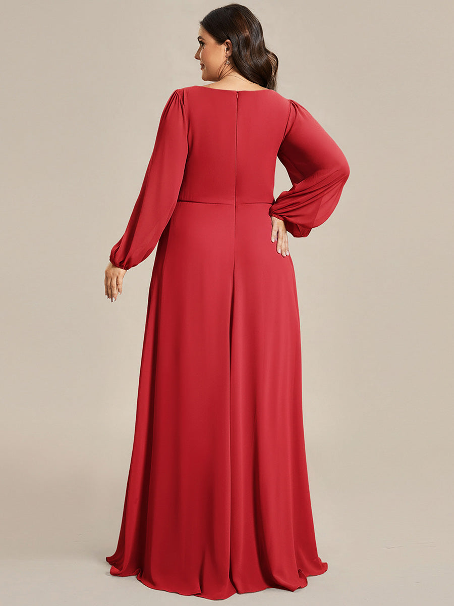 V-Neck Long Split Sleeve Empire Waist Applique Wedding Dress #color_Red