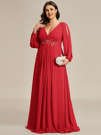 Stylish Plus Size Chiffon Formal Evening Dresses with Long Lantern Sleeves #color_Red