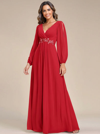 V-Neck Long Split Sleeve Empire Waist Applique Wedding Dress #color_Red