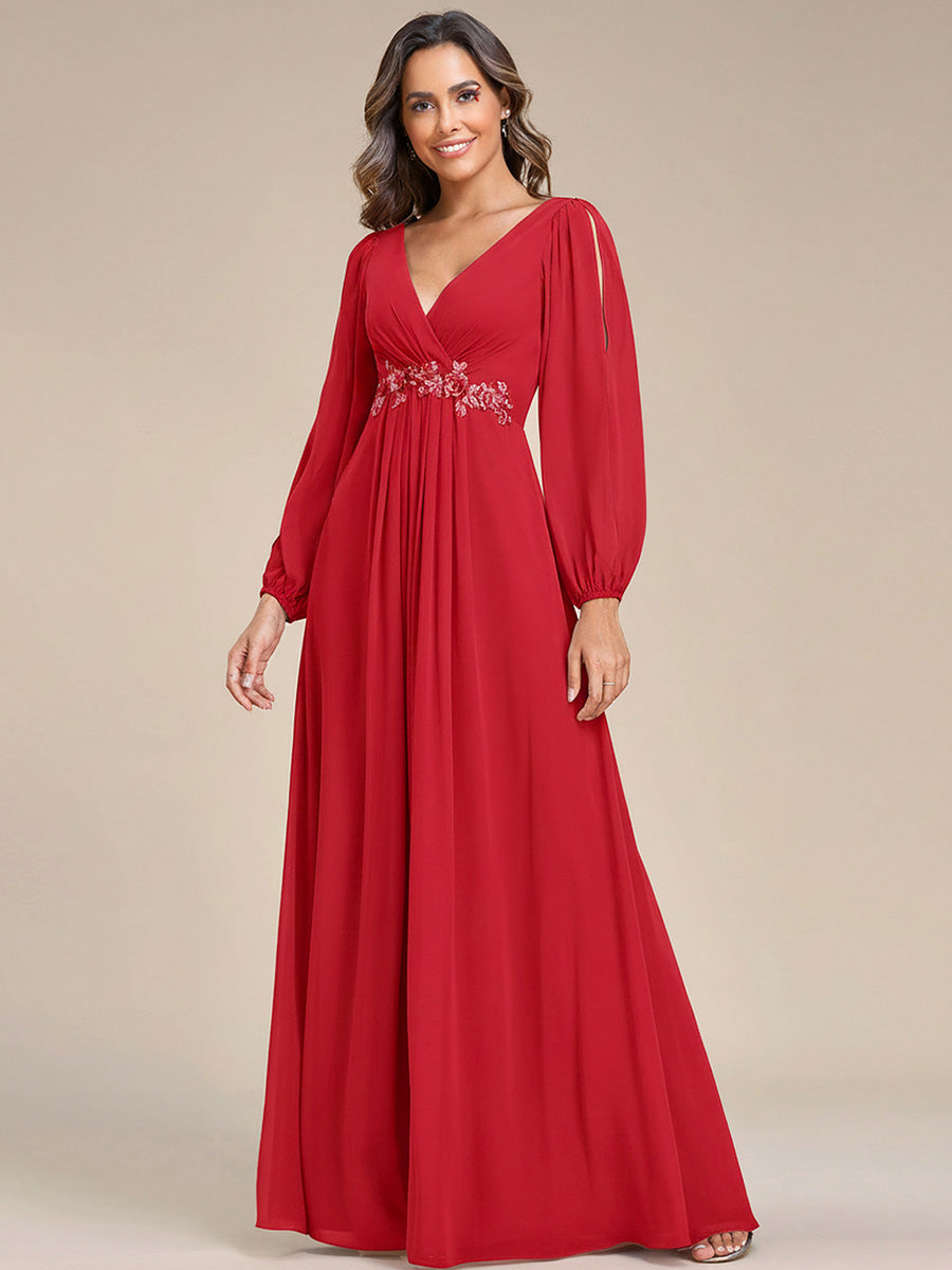 V-Neck Long Split Sleeve Empire Waist Applique Wedding Dress #color_Red