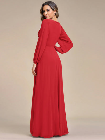V-Neck Long Split Sleeve Empire Waist Applique Wedding Dress #color_Red