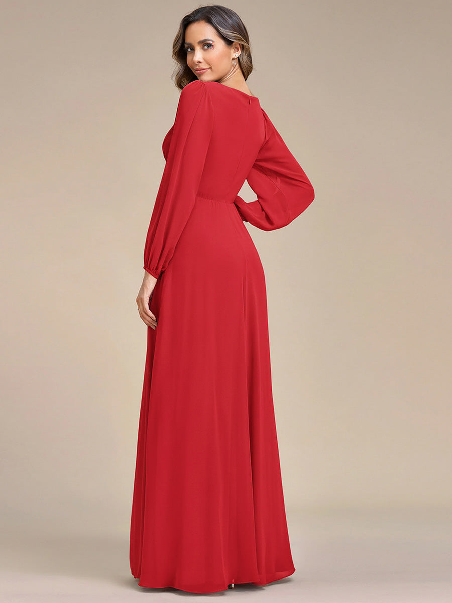 V-Neck Long Split Sleeve Empire Waist Applique Wedding Dress #color_Red