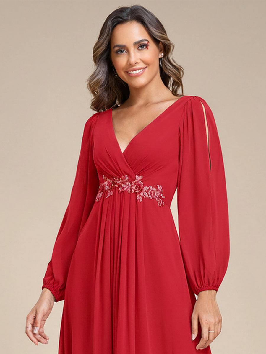 V-Neck Long Split Sleeve Empire Waist Applique Wedding Dress #color_Red