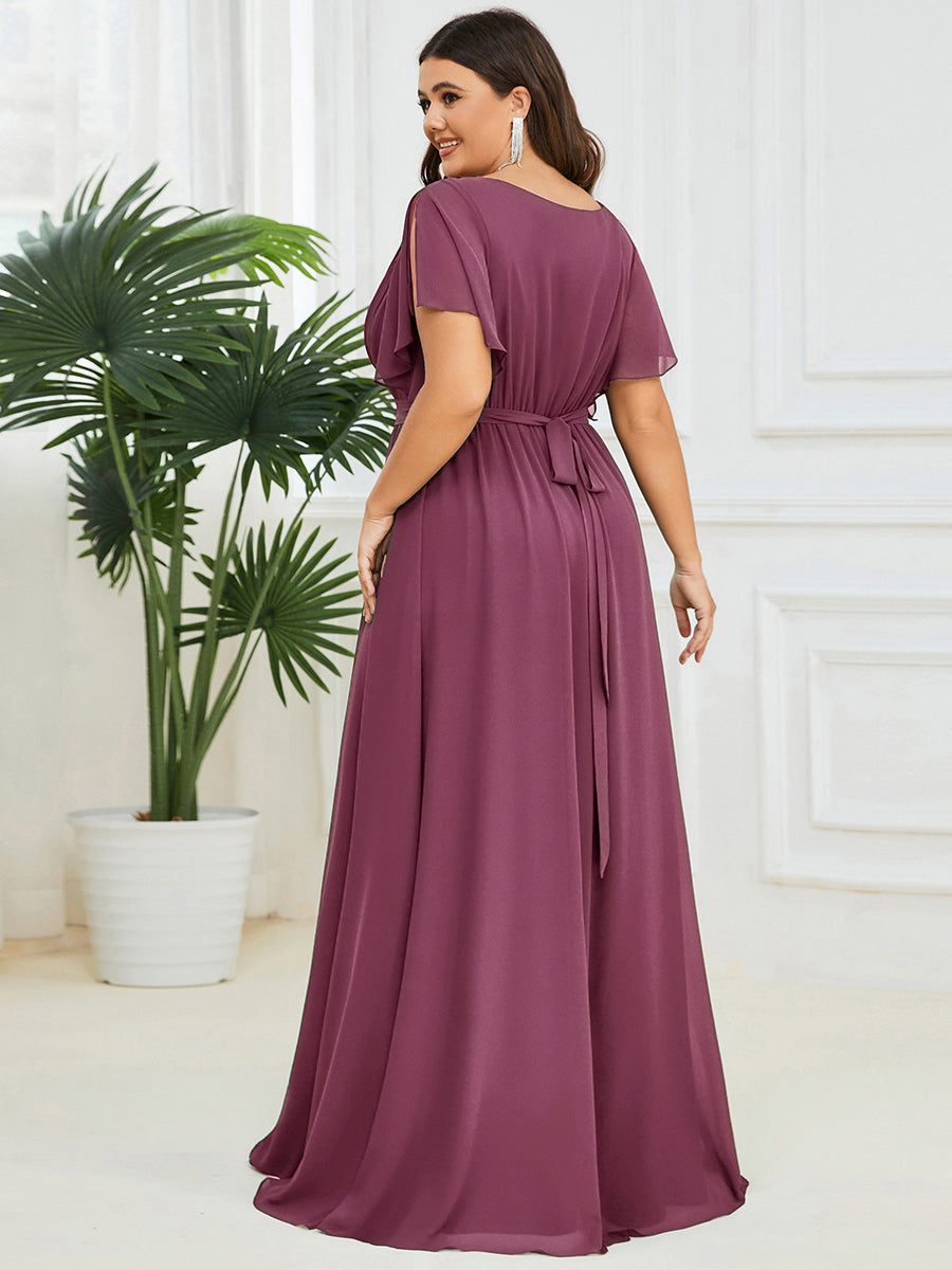 Plus Size Ruffle Pleated Chiffon Tie-Waist Evening Dress #color_Damson